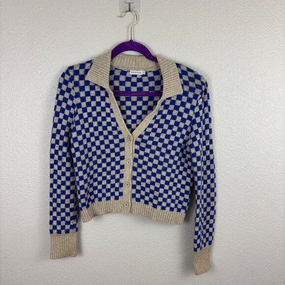 Ghanda Womens Blue & Cream Checkered Button Front Knit Cardigan Sweater Size S - Picture 2 of 10